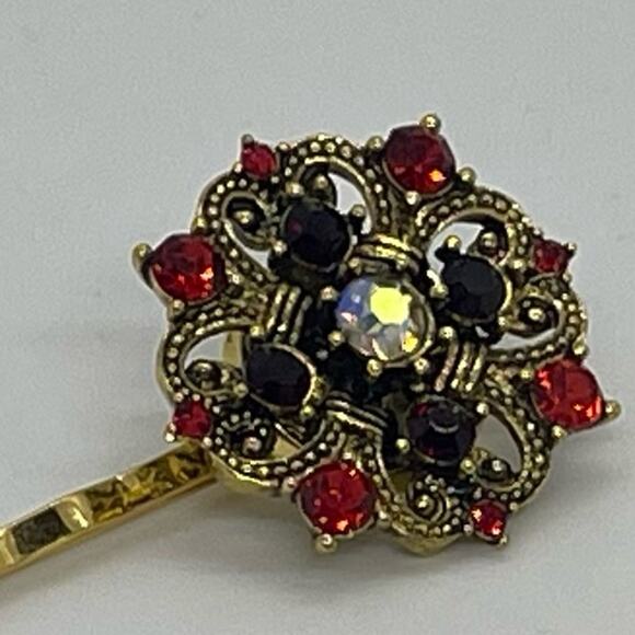 Handmade Red Iridescent Rhinestone Gold Set Hair Clips HoCo Fairy Jewelry NWT - Picture 2 of 6